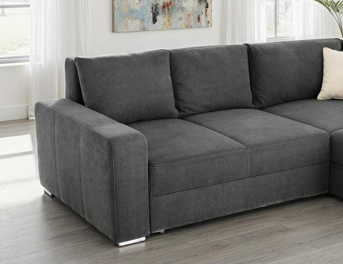 ECKSOFA-DAUERSCHLÄFER Boxspring Federkern Topper Bettkasten, seitenverkehrt montierbar B260/T181/H88 cm, Mikrofaser in Dunkelgrau / 15107 - Chromfarben/Dunkelgrau, Textil/Metall (260/181cm) - luma-home