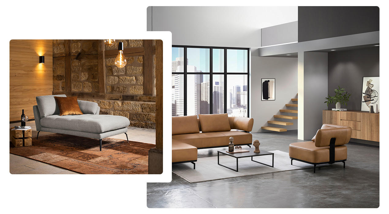 Couch mit orangen Elementen im Hintergrund und Braune Couch mit grauer Wohnwand