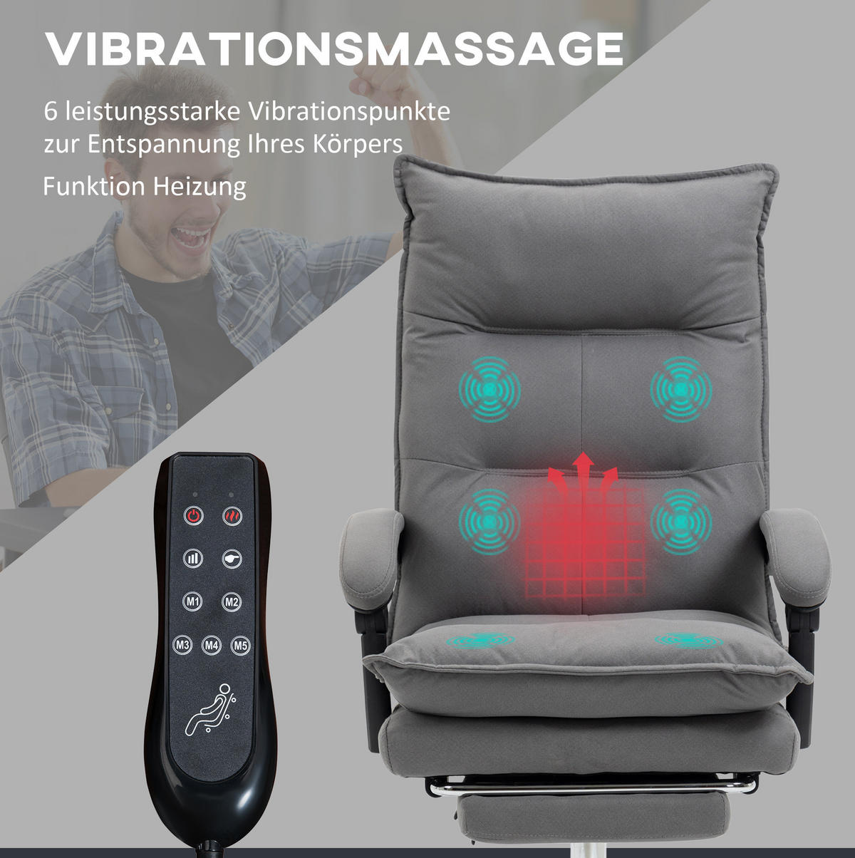 BÜROSTUHL mit Massagefunktion höhenverstellbar Grau - Grau, Kunststoff (74/121.5/66cm) - Meubliv