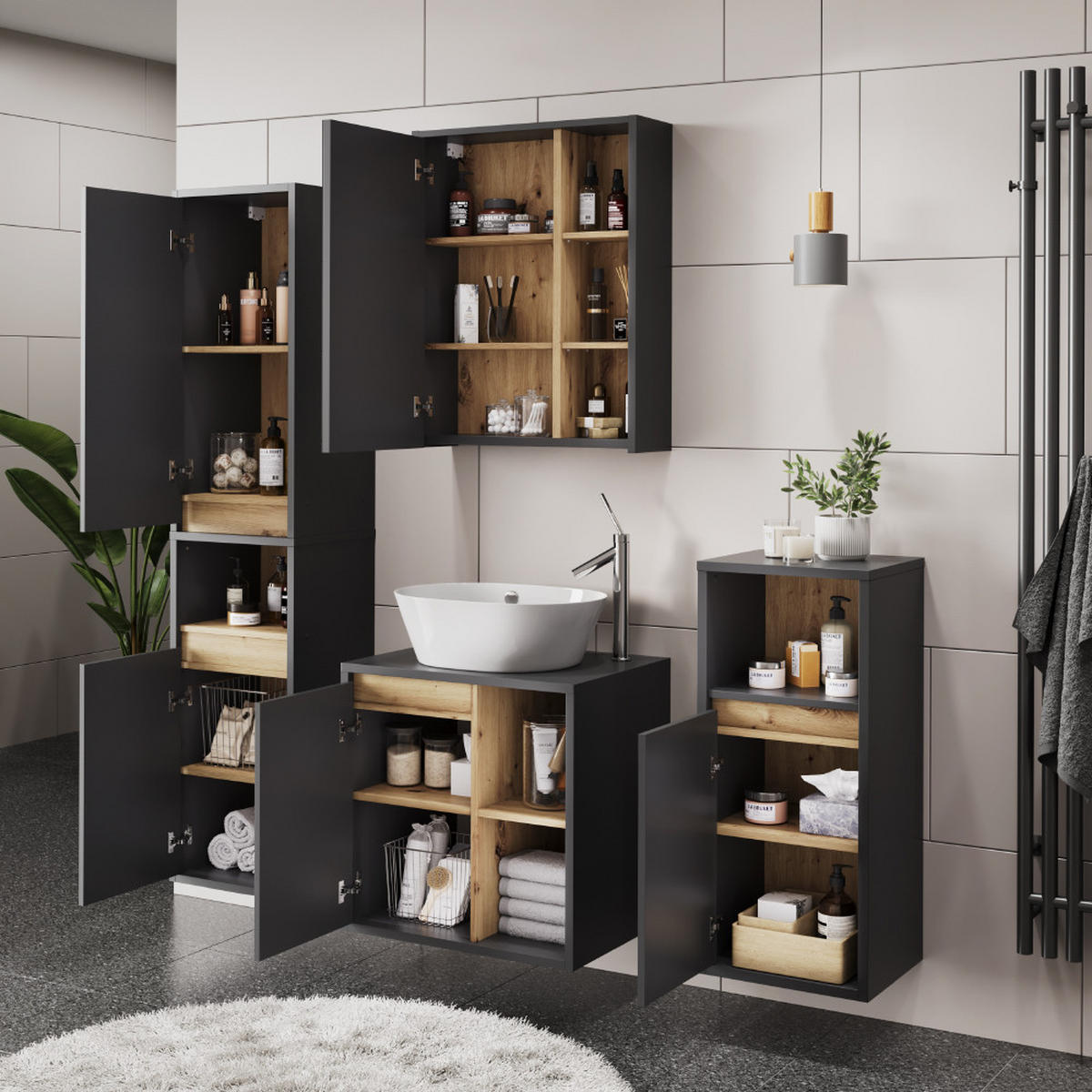 SADA KOUPELNOVÉHO NÁBYTKU Viola Grey/Artisan - šedá/dub artisan, kompozitní dřevo (60/60/45.5cm) - Vicco