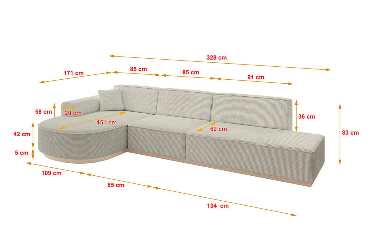 ECKSOFA Ottomane Links ARRIO-L2 - 328x171x83 cm Creme - Hellgrau/Creme, Holzwerkstoff/Textil (328/171cm) - ALTDECOR