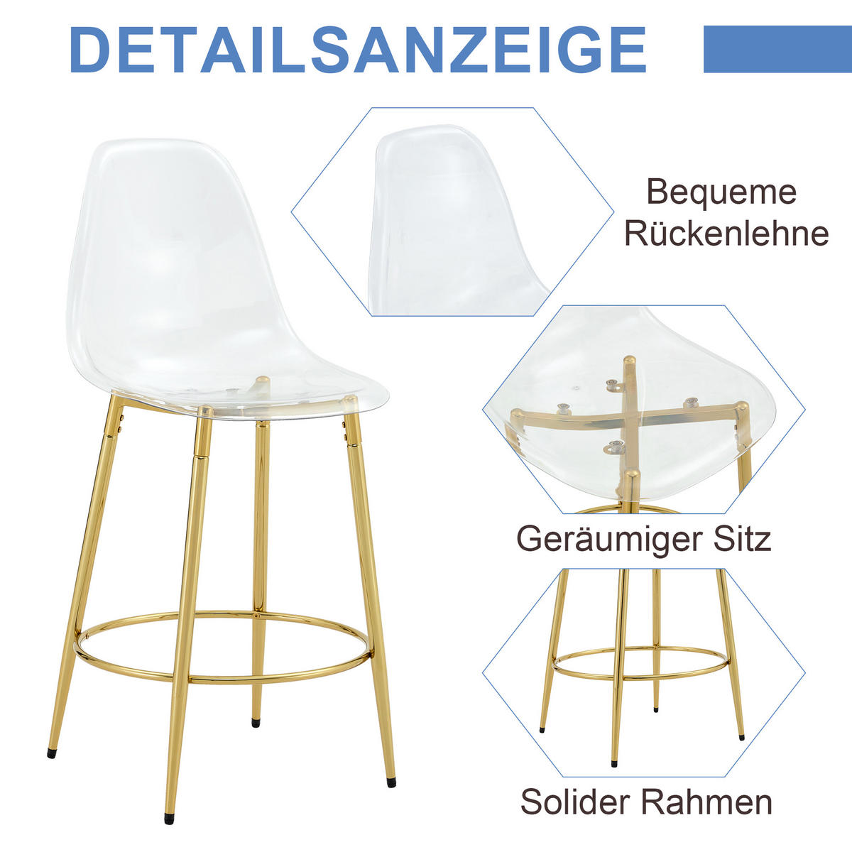 BARHOCKER 2er-Set Transparent und Gold mit Rückenlehne und Fußring - Goldfarben, Metall (48.5/102/48.5cm) - PANGIVO