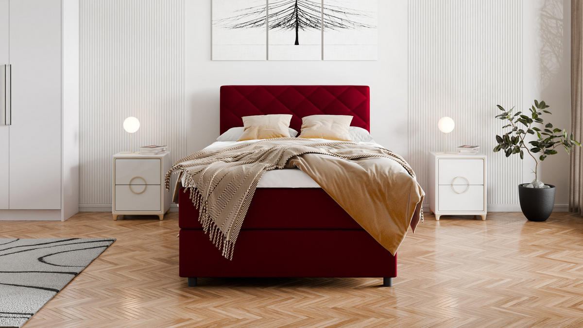 BOXBETT Diamaro 120x200 cm mit Bettkasten und Topper - Rot - Rot, Holz (120/215cm) - Panda Möbel