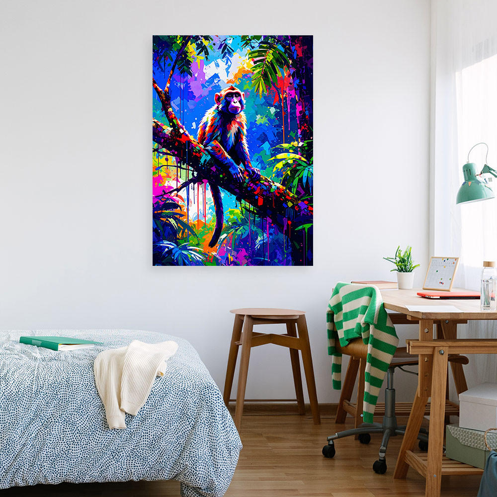 LEINWANDBILD Affe auf einem Ast Bunte Dschungel 60x90cm - Multicolor, Textil (60/90cm) - Feeby