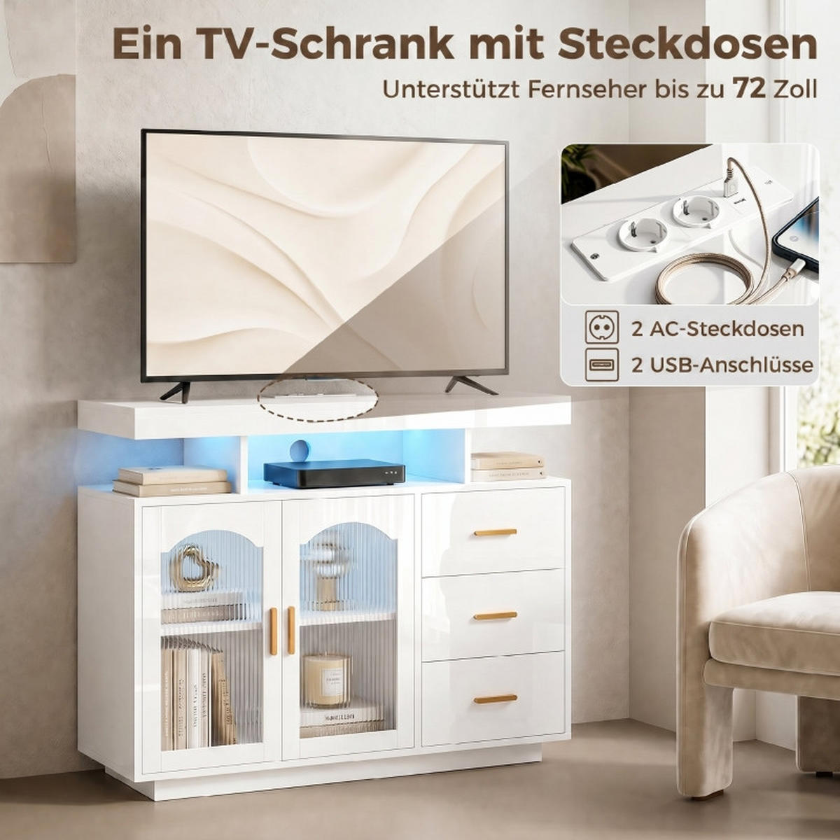 SIDEBOARD DE-38799 150 cm LED-Beleuchtung und 3 Schubladen Hochglanz Weiß/Gold - Weiß, Holzwerkstoff (100/80/35cm) - ComfortXL