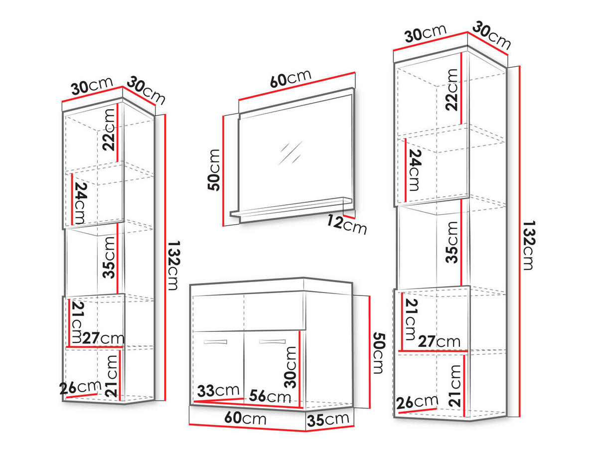 BADMÖBEL-SET Montreal XL - Weiß Hochglanz/Weiß, Holzwerkstoff (30/132/30cm) - MIRJAN24