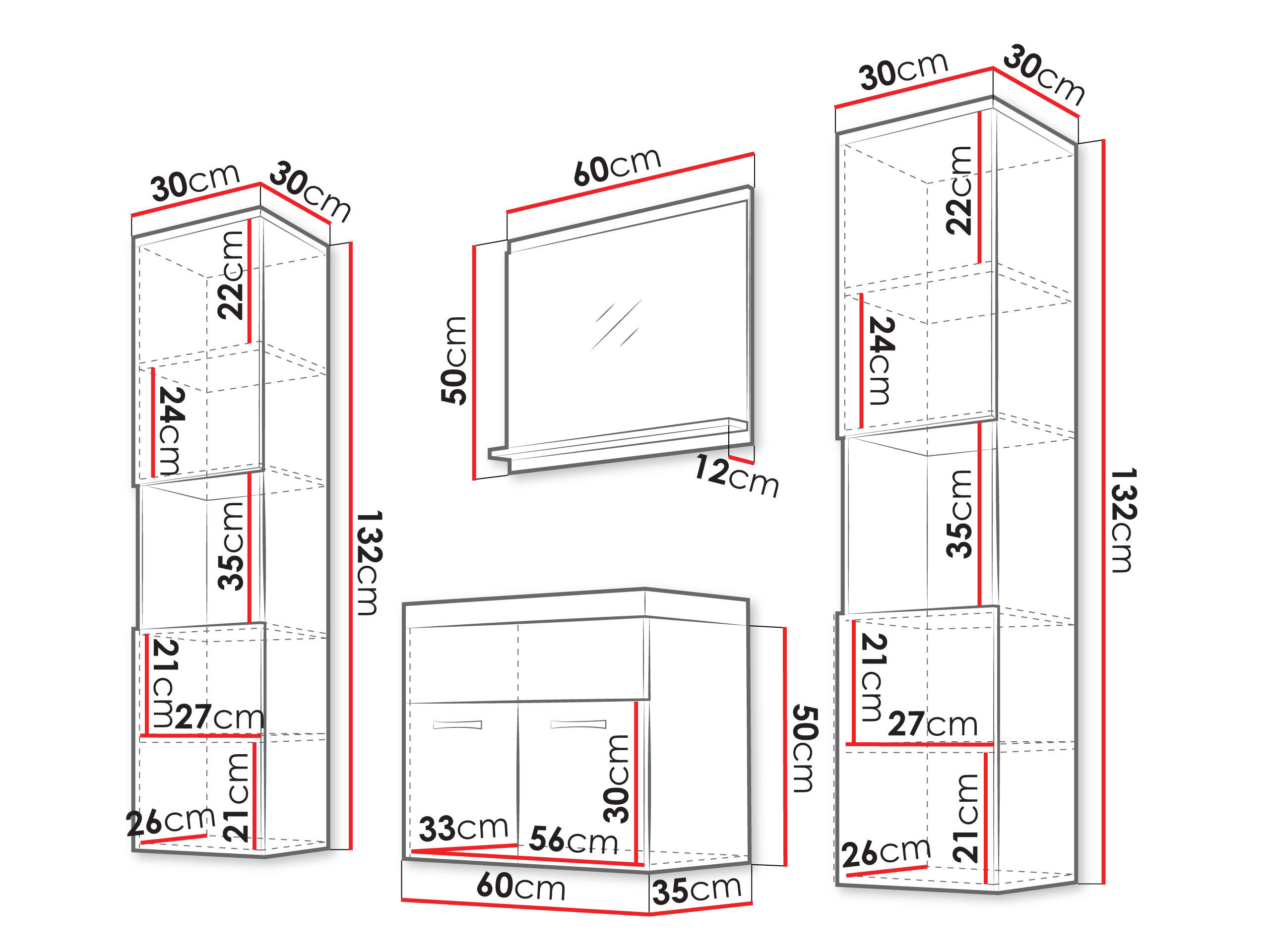 Thumbnail - Mirjan24 Badmöbel-Set, Weiß, Grau, Holzwerkstoff, 30x132x30 cm, Badezimmer, Badmöbelsets & Badmöbelserien, Badmöbel-Sets