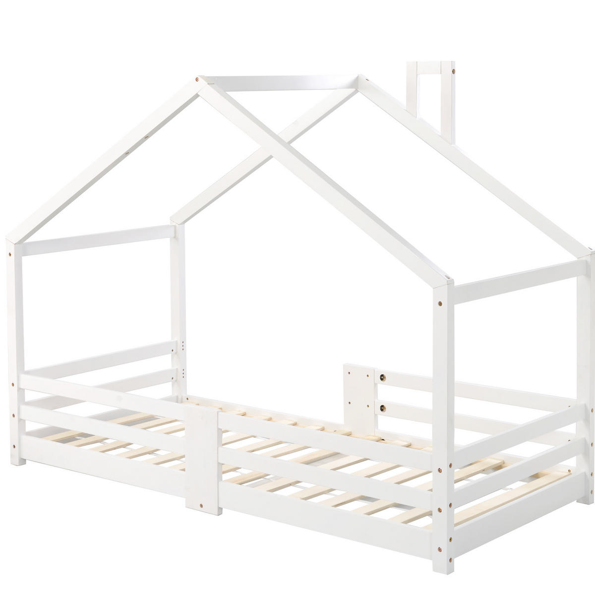 KINDERBETT Kindereinzelbetten 90/200 cm mit Rausfallschutz, Lattenrost und Schornstein-Design aus Kiefernholz, Weiß - Weiß, Holz (90/90cm) - Redom