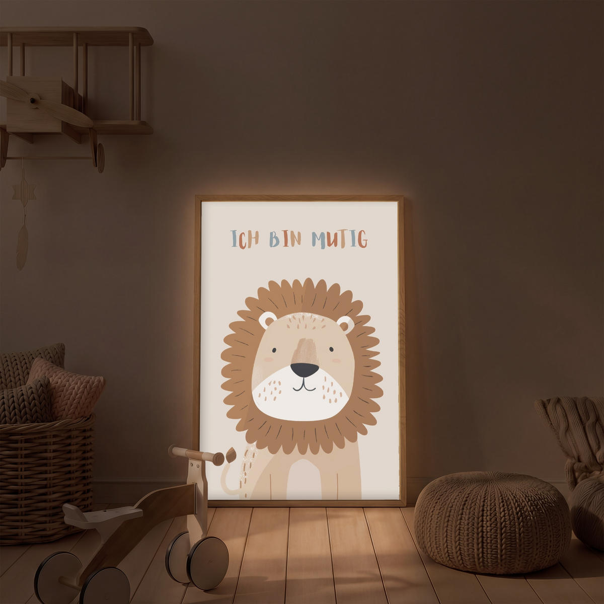 NACHTTISCHLAMPE MIT AKKU Löwe - Beige - Tier - Mutig - Zitat 60x90 cm - Beige, Holzwerkstoff (8/60/90cm) - OnlyWow