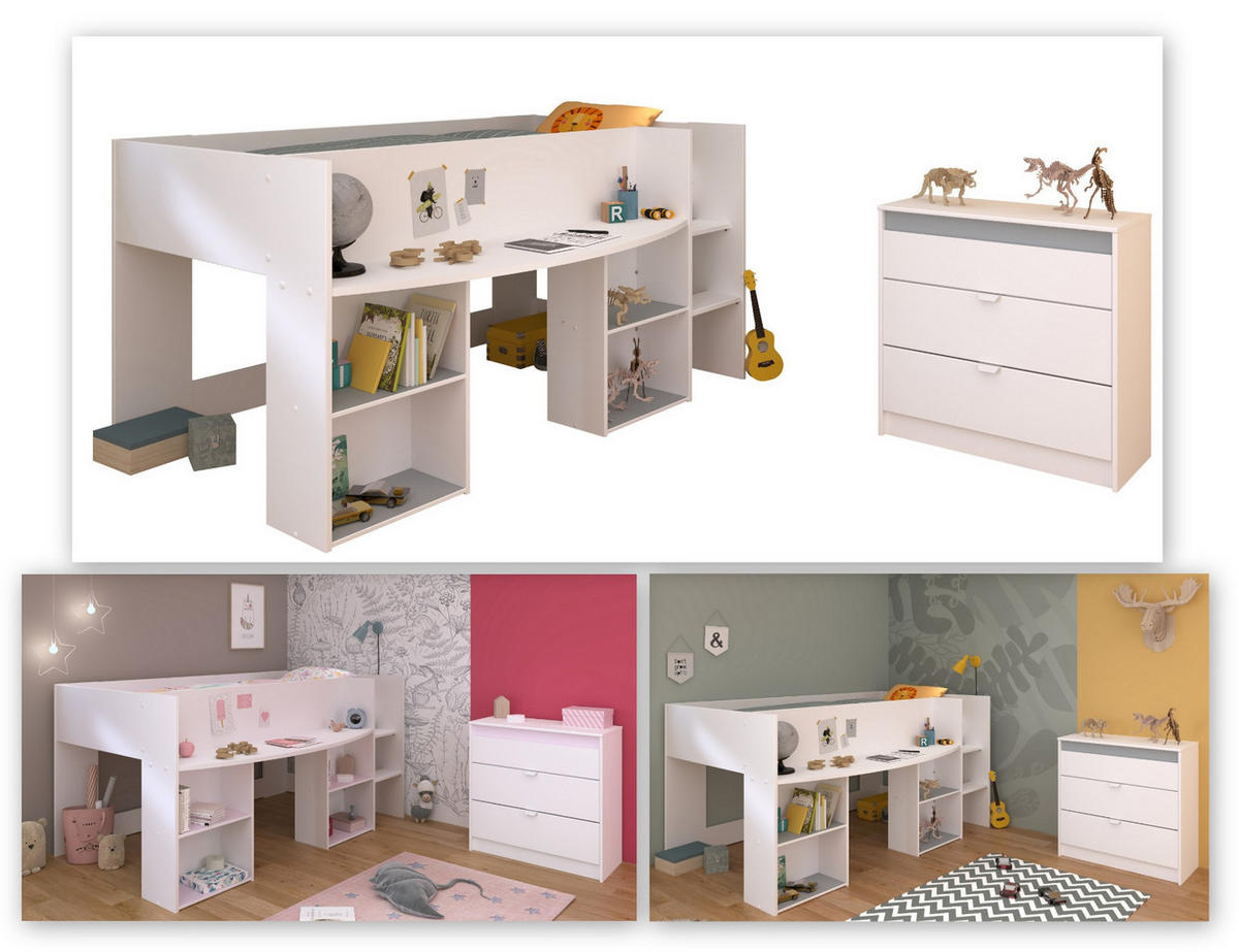 KINDERZIMMER Set 2-tlg. mit Hochbett 90 x 200 cm und Kommode - Weiß/Rosa, Holzwerkstoff/Kunststoff (205/104/132cm) - Parisot Meuble