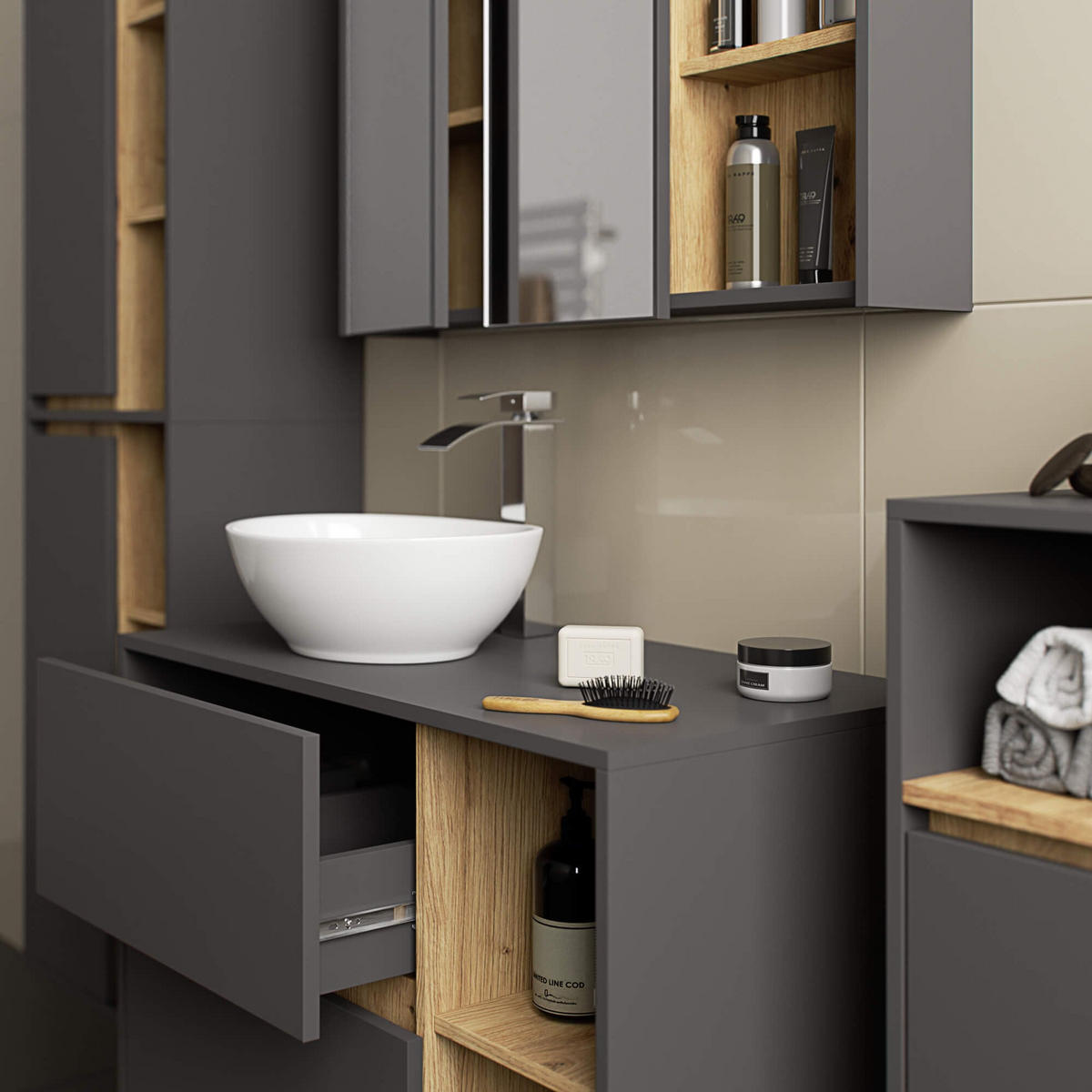 BAD HOCHSCHRANK Vami Grau, Eiche Artisan - Eiche Artisan/Grau, Holzwerkstoff (50/170/30cm) - Akord