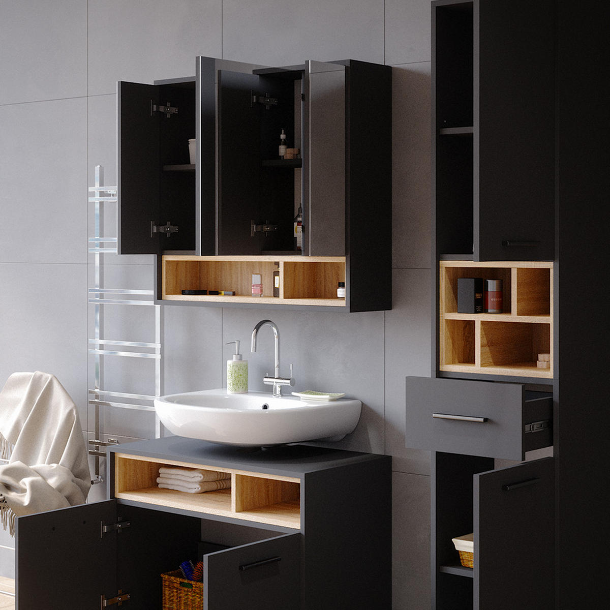BADSPIEGELSCHRANK Beatrice Anthrazit 80 x 72 cm - Anthrazit, Holzwerkstoff (80/72/20cm) - Vicco