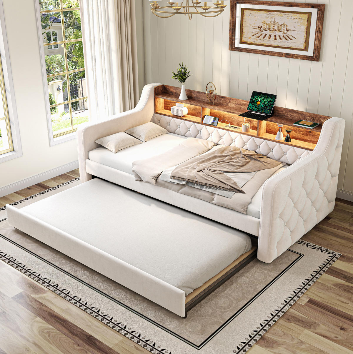 ROZKLÁDACÍ postel 90/190 cm béžová ze sametu s úložným regálem LED a USB-C - béžová, textil (90/190cm) - OKWISH