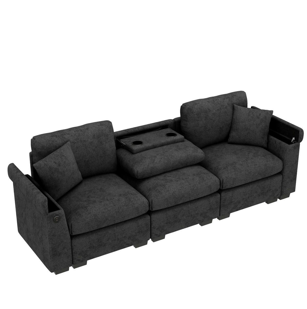 POHOVKA z chenillu, 242/80/88 cm sivá, s USB, sklápacím stolíkom a úložným priestorom - sivá, textil (80/88/242cm) - BEAOK