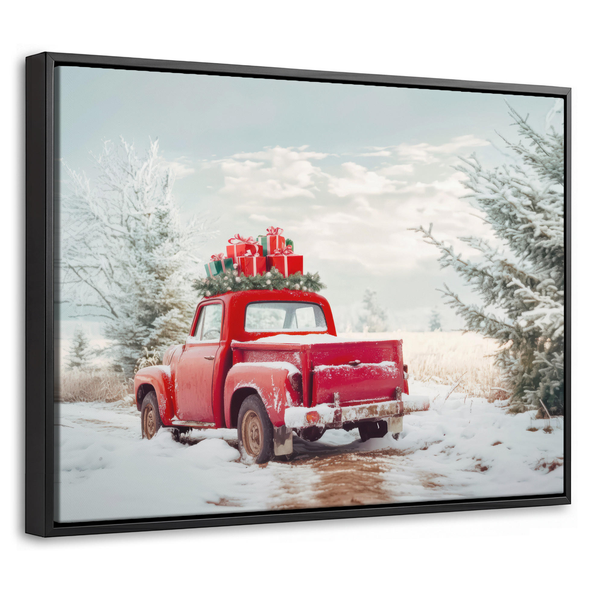 LEINWAND Bilder mit Rahmen - Auto - Rot - Geschenke - Winter - Schnee - Weihnachten - 40x30 - Rot, Textil (40/30cm) - MuchoWow