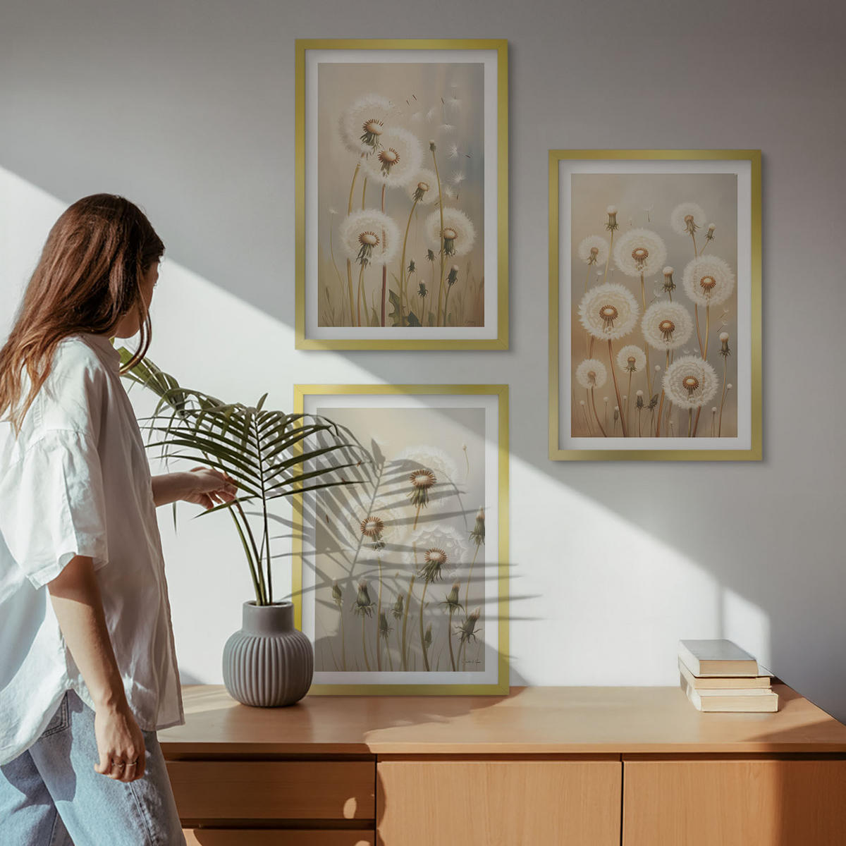 WANDBILDER 3er Set - 40x60 cm Goldrahmen - Weiße Löwenzahnblüten auf hellem Hintergrund - Goldfarben, Kunststoff (40/60cm) - ArtPrintCave
