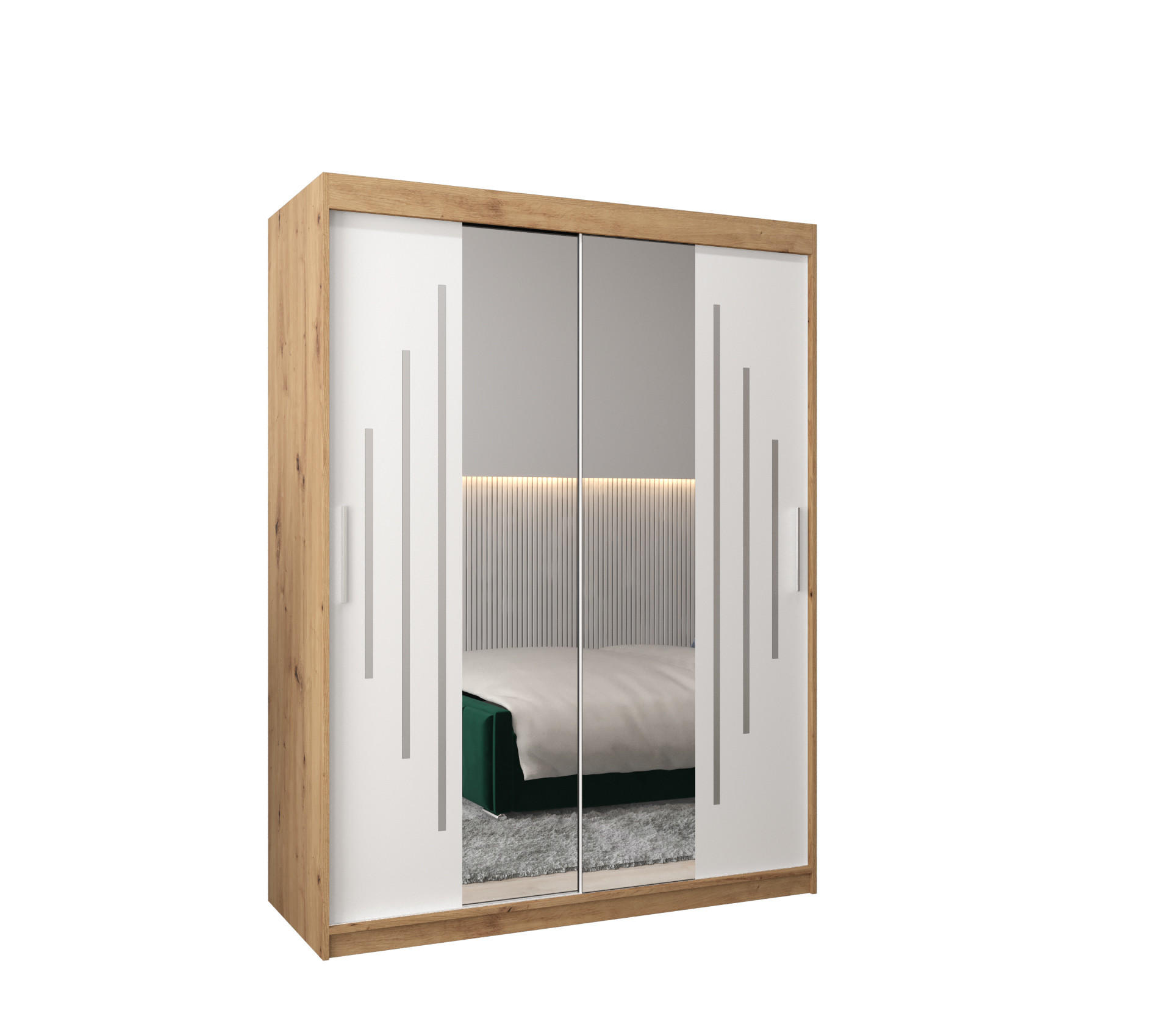 Abiks Möbel Schwebetürenschrank Eiche Artisan, Weiß 150x200x62 cm