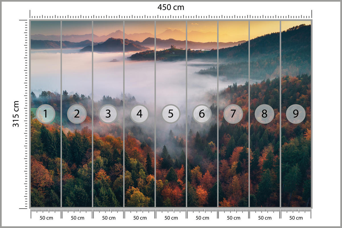 FOTOTAPETE für Wohnzimmer Nebelwald Sonnenuntergang Berge Bäume 450x315 - Beige/Rot, Papier (450/315cm) - Muralo