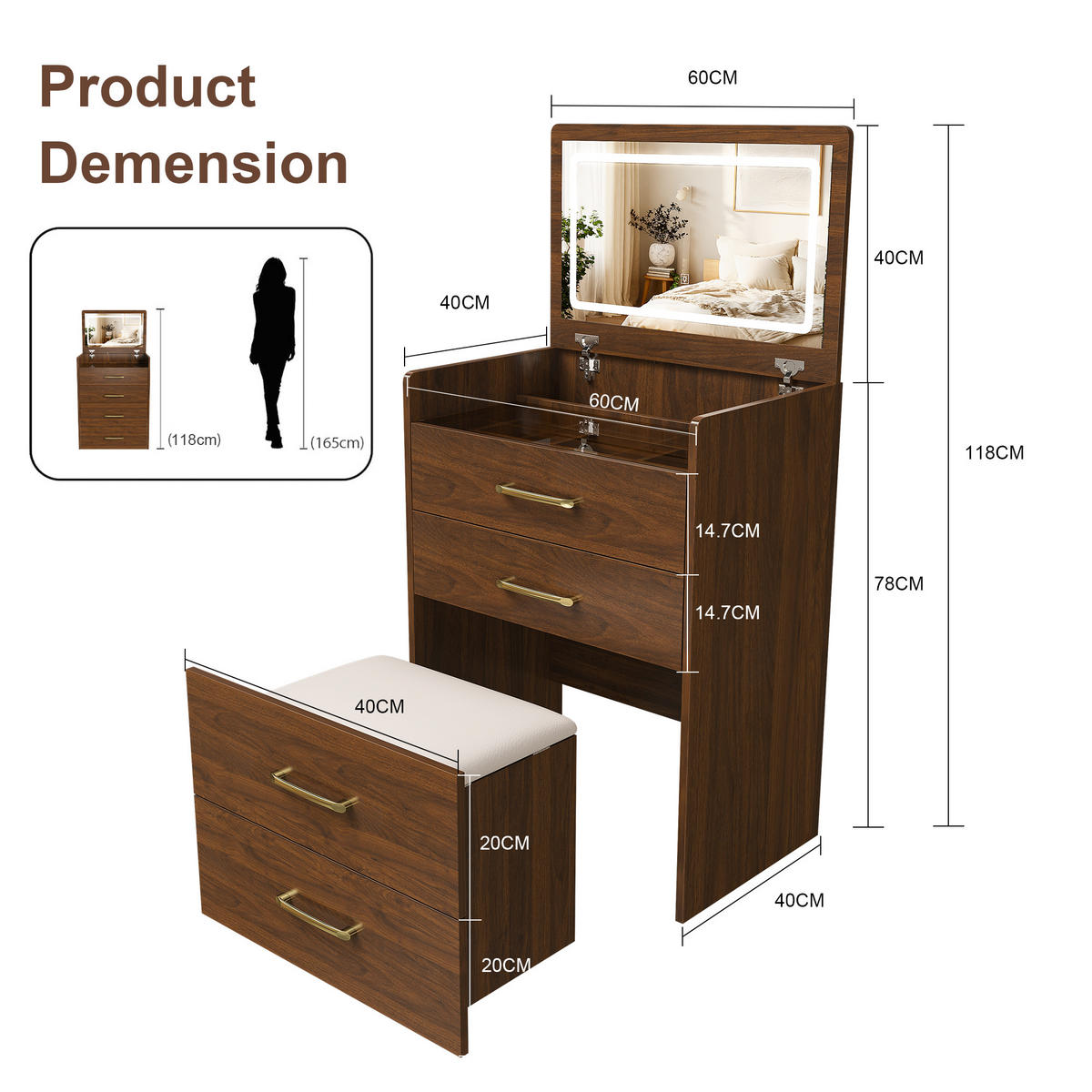 SCHMINKTISCH 40/60/118 cm walnussfarben aus MDF 3-in-1 mit Hocker - Weiß, Holzwerkstoff (40/118/60cm) - OKWISH