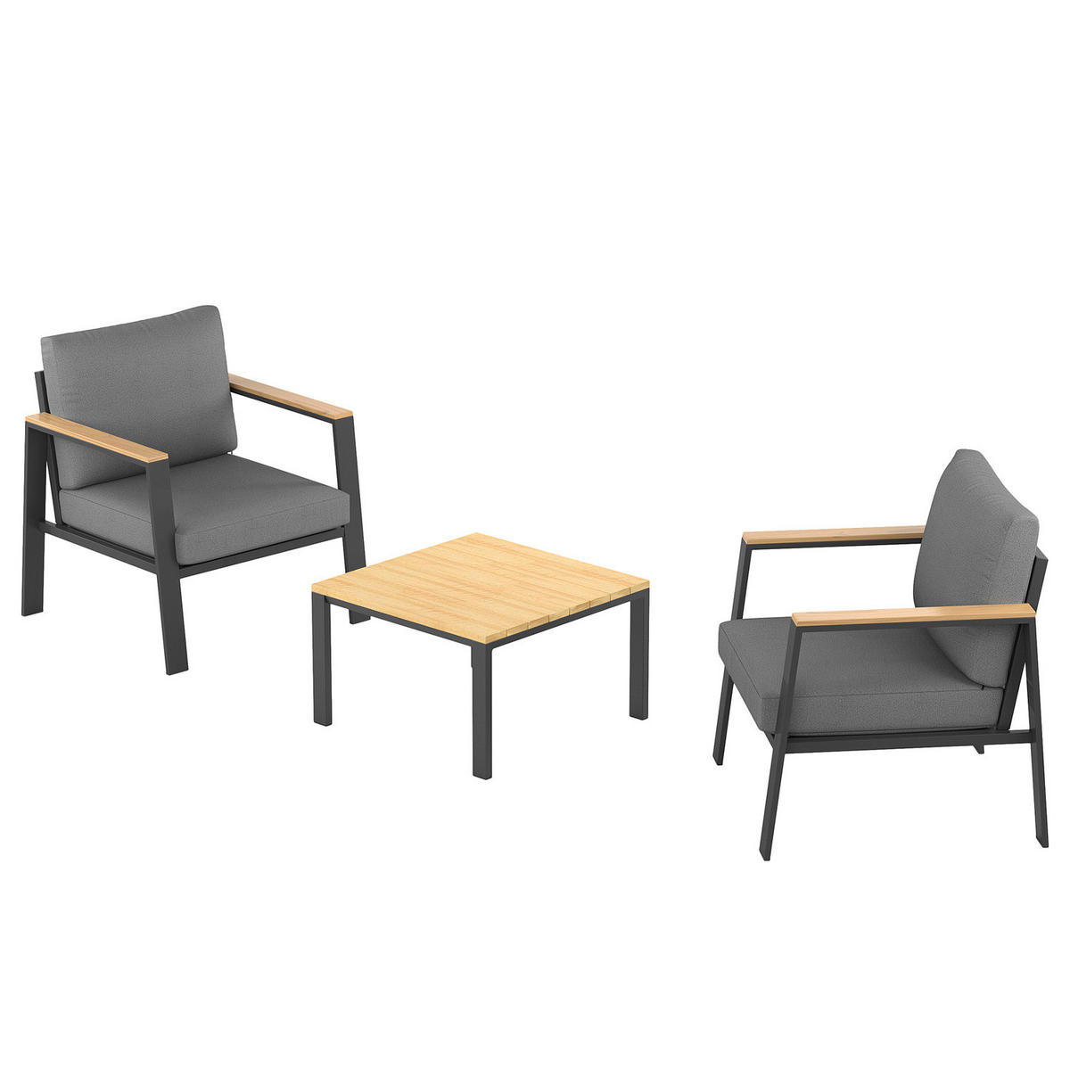 LOUNGESET - Eukalyptus massiv / Polyester - Braun / Anthrazit - 3-teilig - Braun/Grau, Holz/Textil - home24