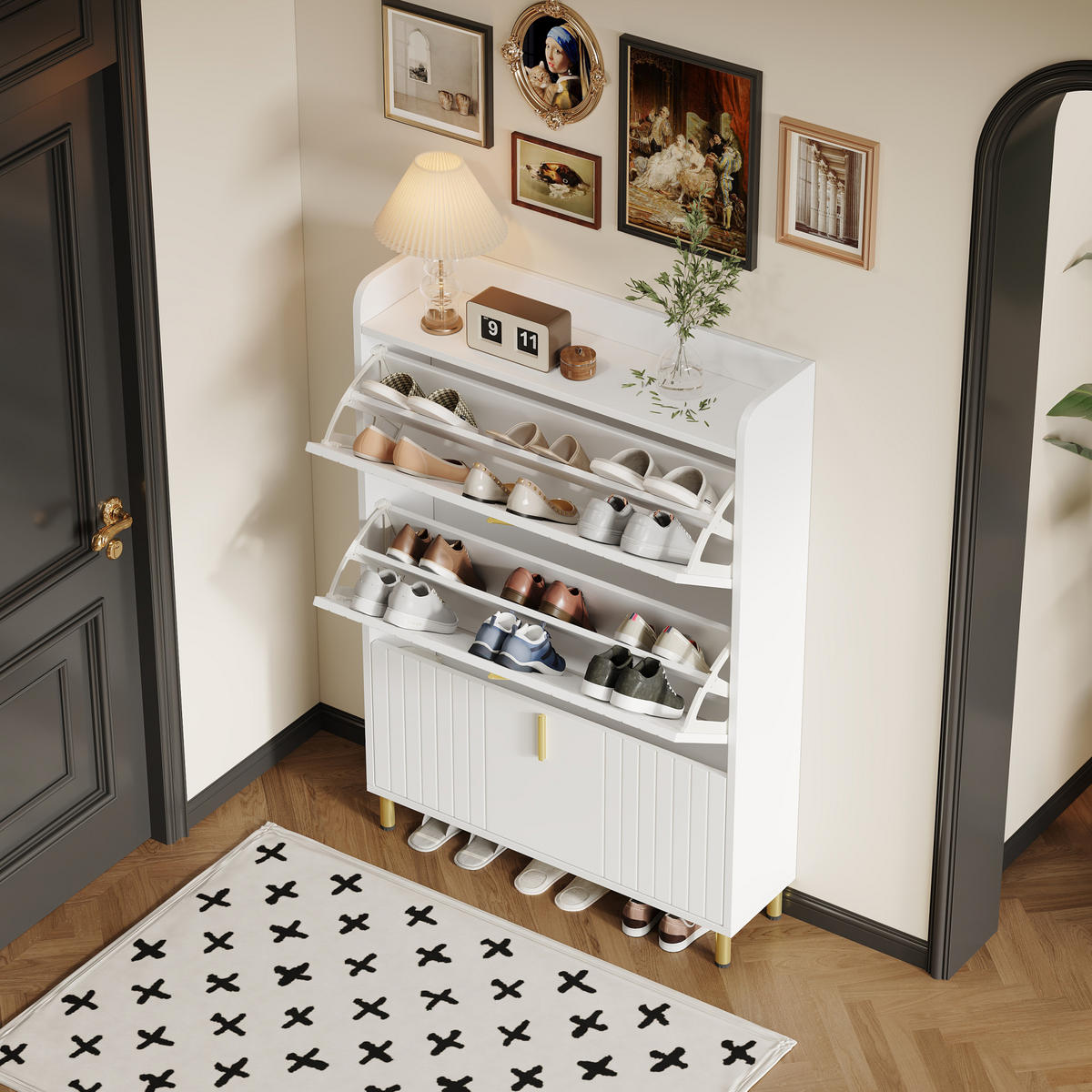 SCHUHSCHRANK mit 3 Klappen 80 x 23 x 123,5 cm MDF Weiß - Weiß, Holzwerkstoff (23.5/123.5/80cm) - Beauniv