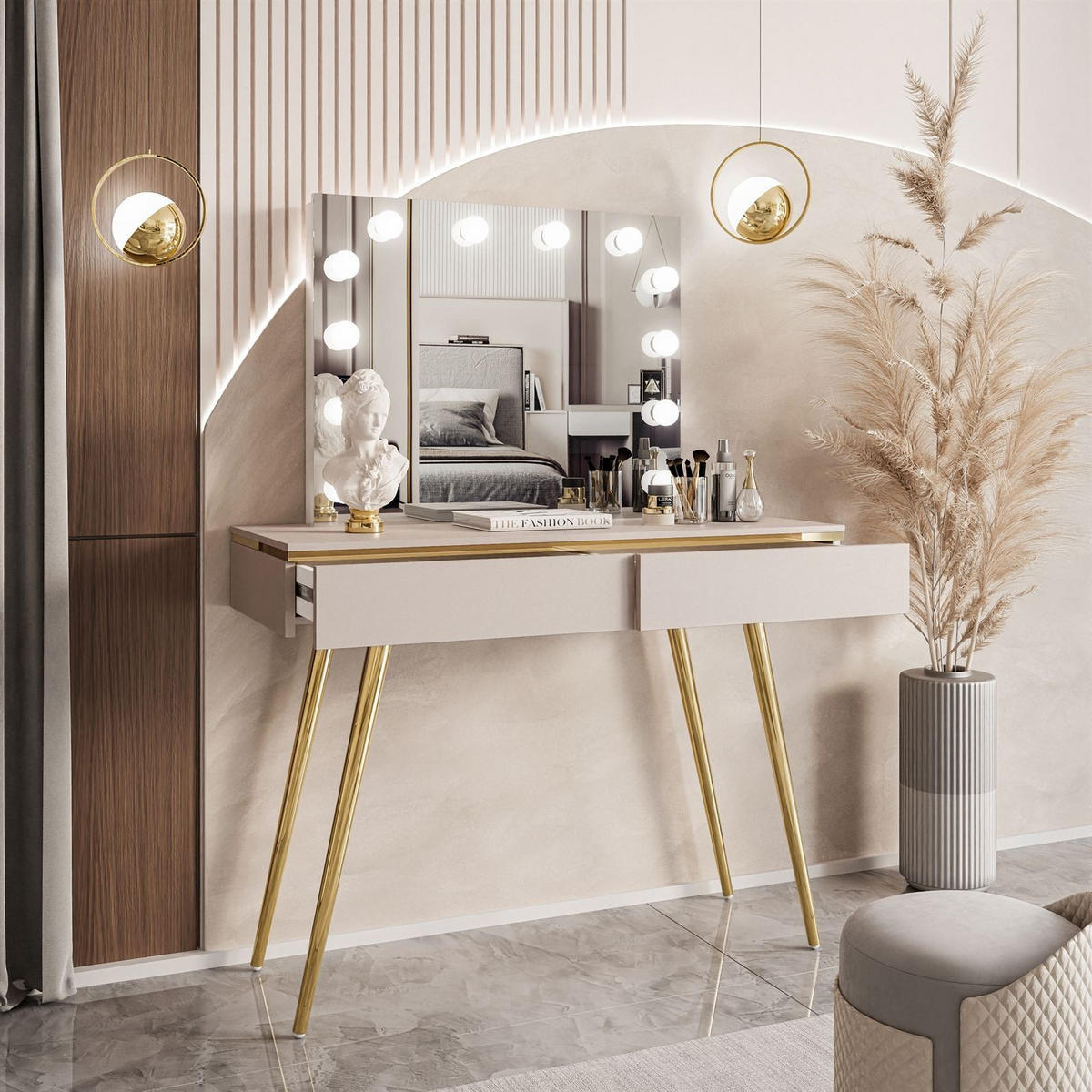 SCHMINKTISCH AURORA-S ELITE in KASCHMIR mit Spiegel - Kaschmir/Goldfarben, Holzwerkstoff/Metall (102/145/44cm) - Lookway