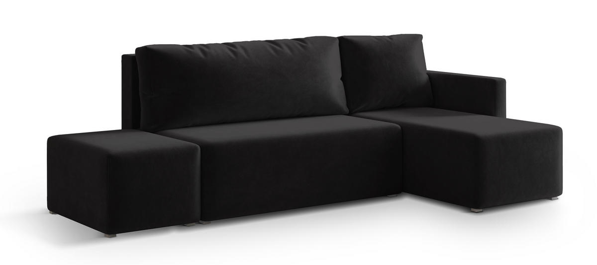 ECKSOFA VELOTTI R-S Schwarz Plüsch-Stoff mit Schlaffunktion - Schwarz, Holz (261/143cm) - MASSENO