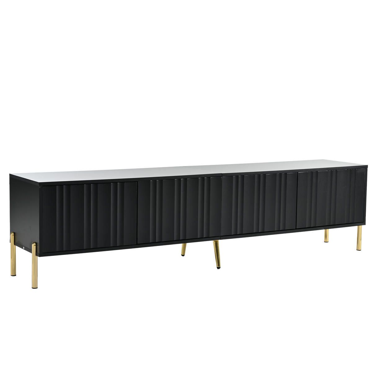 TV-LOWBOARD aus MDF und Spanplatte 190x38x48 cm Schwarz mit 4 Türen, gerillter Front und goldfarbenen Beinen - Schwarz, Holzwerkstoff (190/48/38cm) - Modfu