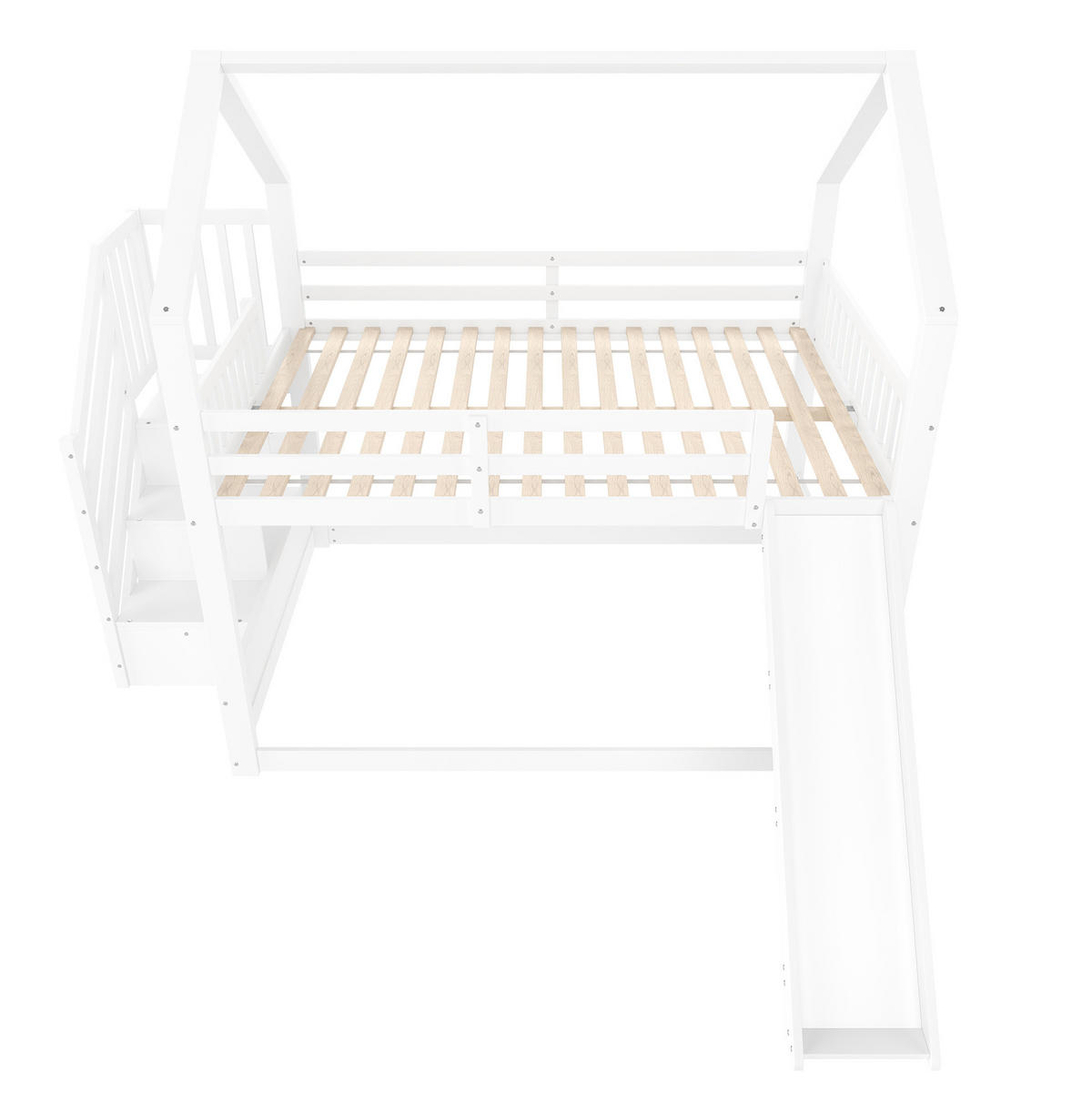 ETAGENBETT 140/200 cm mit Stauraumtreppe, Rutsche und Hausdesign aus Kiefernholz, Weiß/Grau - Weiß, Holzwerkstoff (140/200cm) - Redom