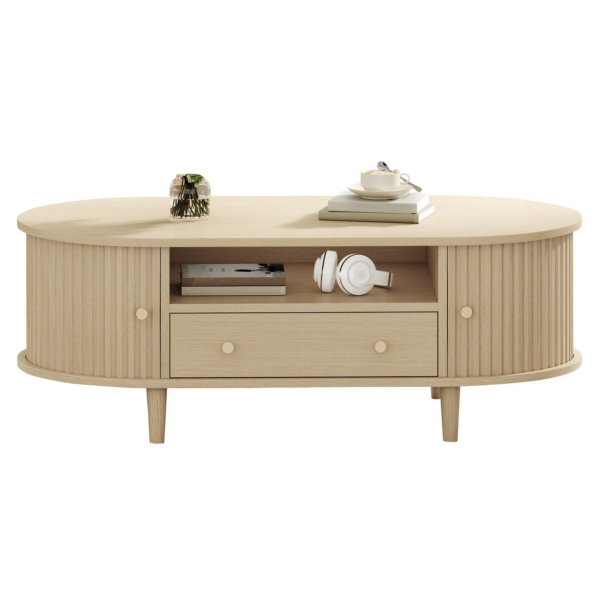 KONFERENČNÍ stolek 100/50/36 cm dubový z MDF s 1 zásuvkou a roletovými dvířky - barva dubu, kompozitní dřevo (100/50/36cm) - OKWISH
