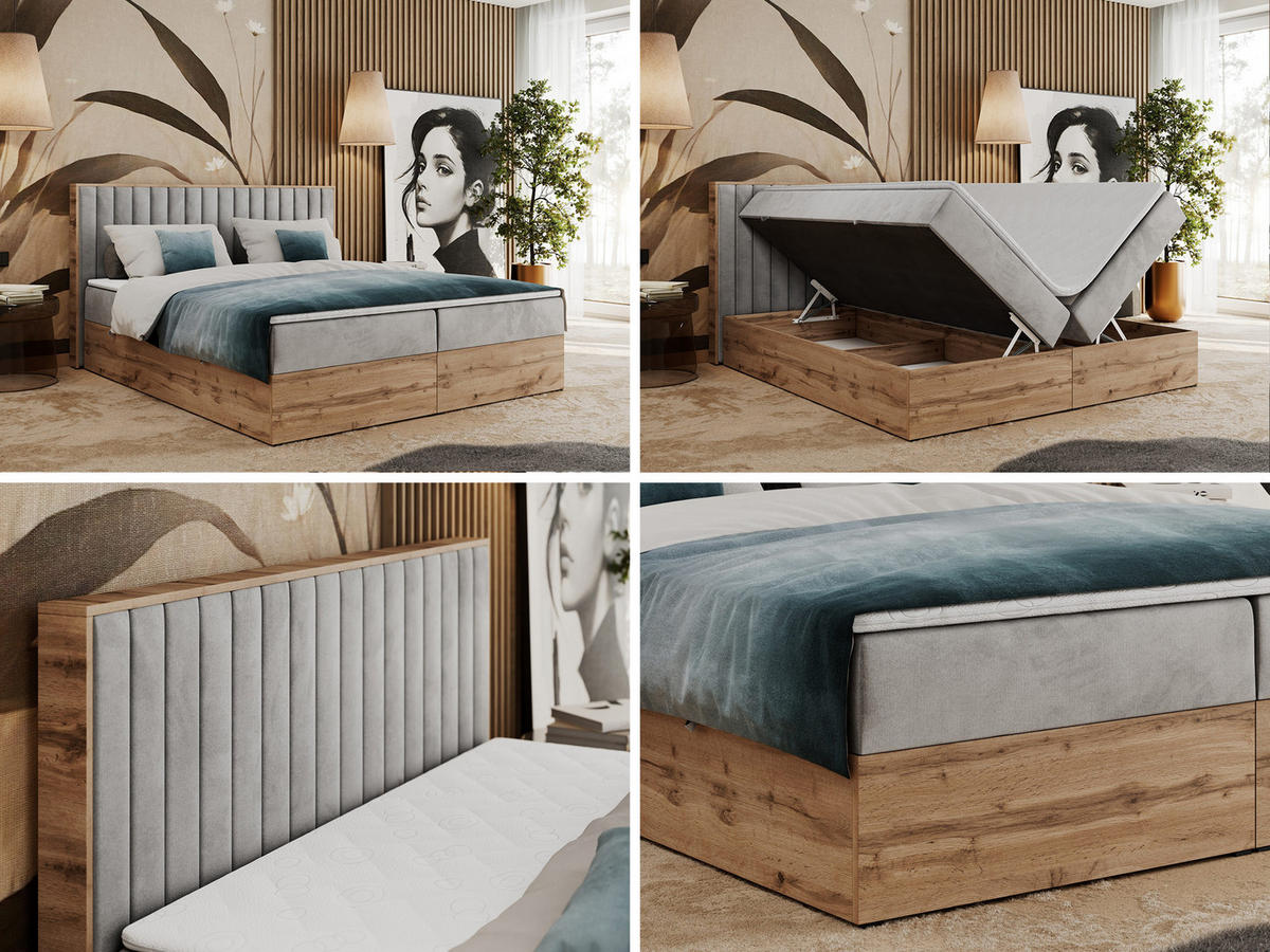 BOXBETT ALBERO 4 - 200/200 Hellgrau Velvet - H4 - Hellgrau, Holz/Textil (200/200cm) - MKS