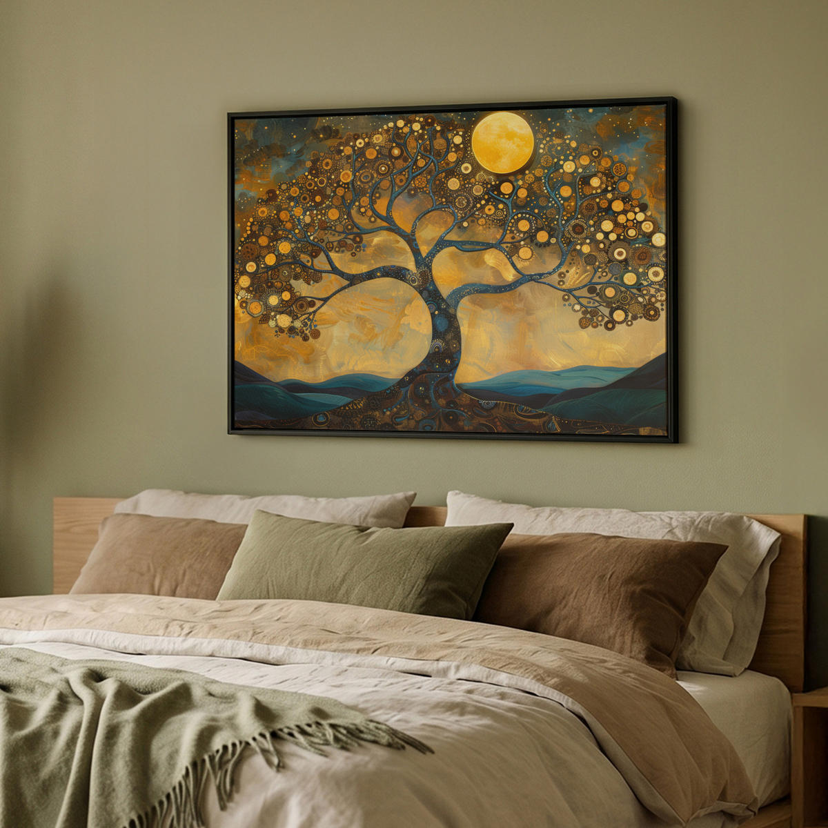 LEINWAND Bilder mit Rahmen - Baum - Mond - Blumen - Gold - Kunst - 100x70 - Orange, Textil (100/70cm) - MuchoWow
