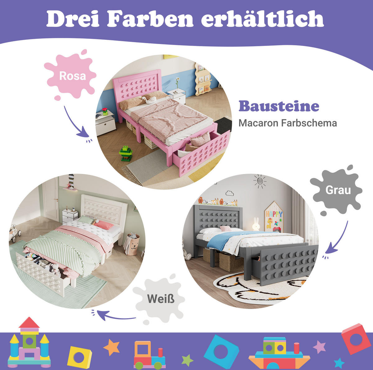 KINDEREINZELBETTEN aus Holz 90x200 cm in Rosa mit Schublade & Stauraum - Rosa, Holz (90/200cm) - Modfu
