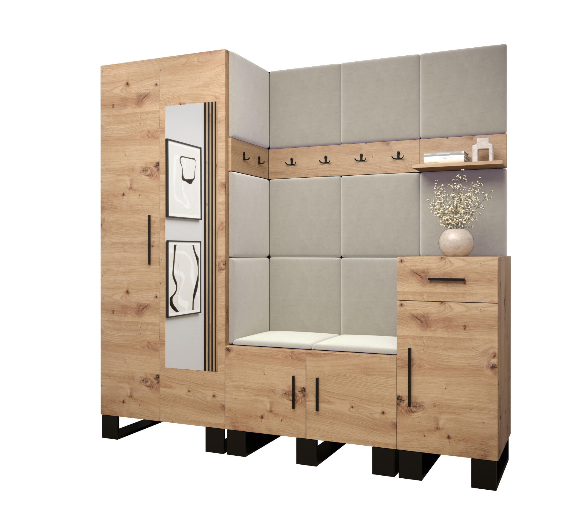 Abiks Möbel Garderoben-Set Eiche Artisan, Creme 200x196x45.6 cm