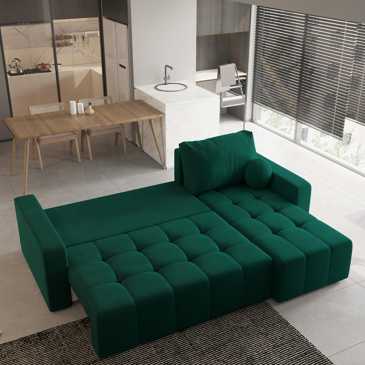 ECKSOFA VOLIRA Grün Plüsch-Stoff mit Schlaffunktion - Grün, Holz (230/143cm) - MASSENO