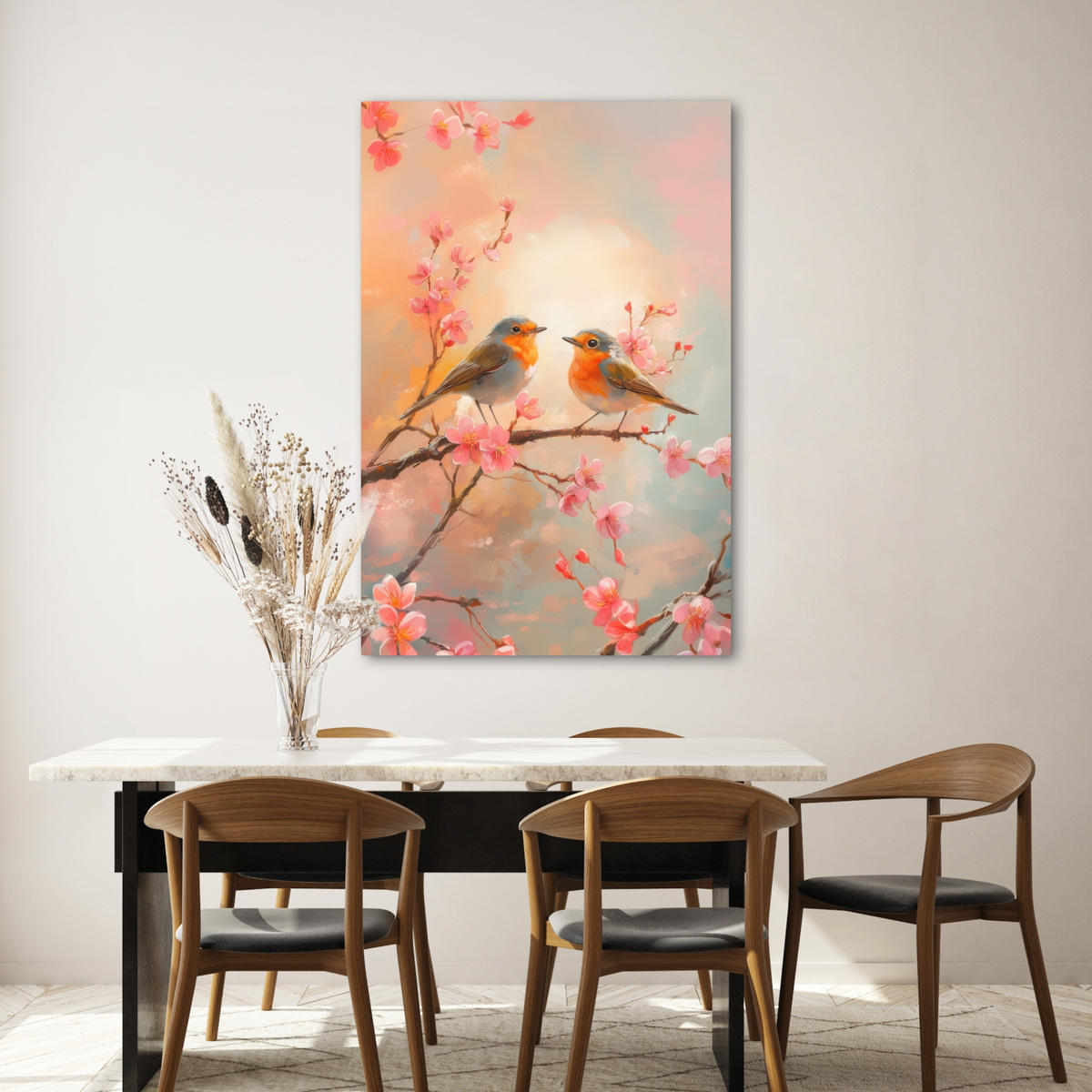 LEINWANDBILD Rotkehlchen - Zierpflanze - Blütenzweig 80x120 cm - Hellrosa, Textil (80/120cm) - MuchoWow