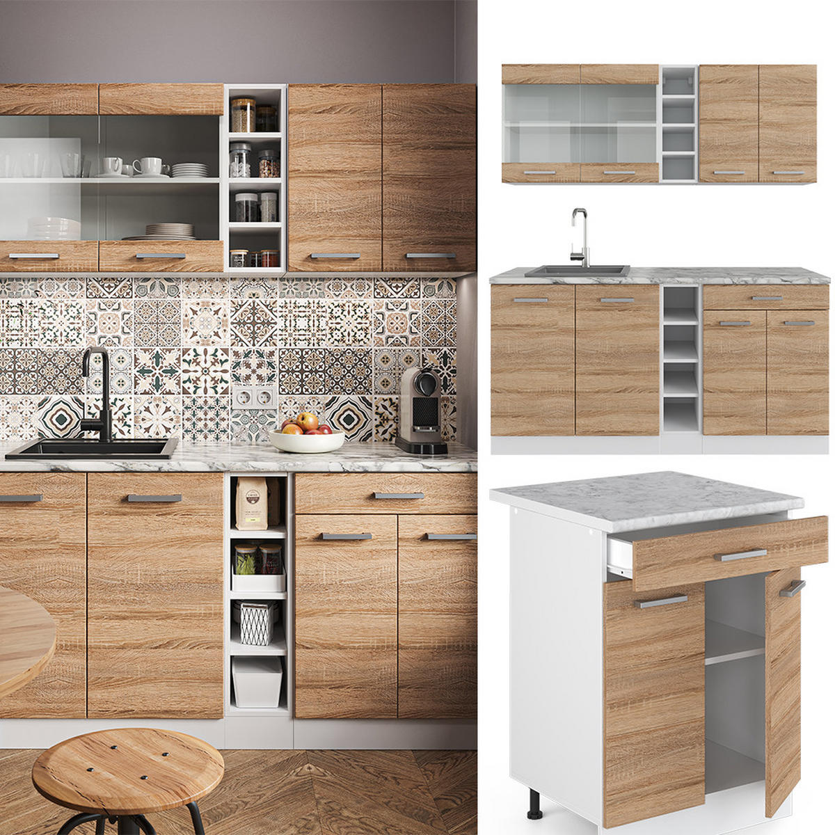 SINGLEKÜCHE R-Line Sonoma/Weiß 160 cm, AP Anthrazit - Weiß/Sonoma Eiche, Holzwerkstoff (160/81.6/60cm) - Vicco