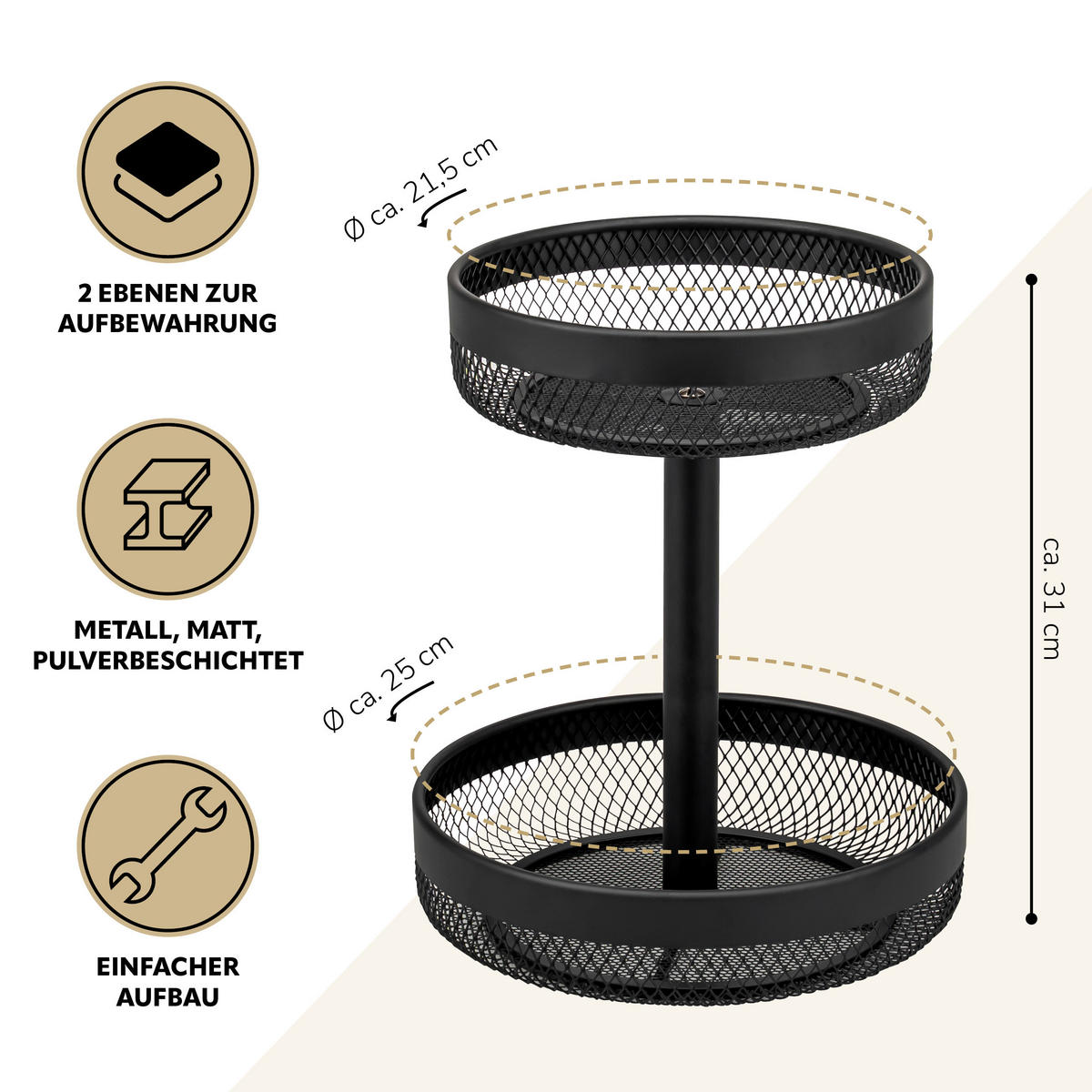 OBSTETAGERE, rund, 2-stöckig, Ø 20 cm und 25 cm, schwarz, Metall - Schwarz, Metall (25/31cm) - eluno