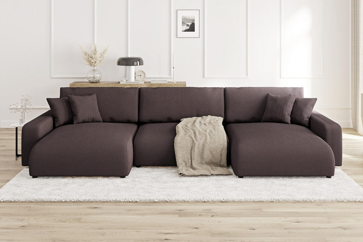WOHNLANDSCHAFT Emma Dunkelbraun Cord - Dunkelbraun/Schwarz, Holz/Kunststoff (332/170cm) - S-Style Möbel