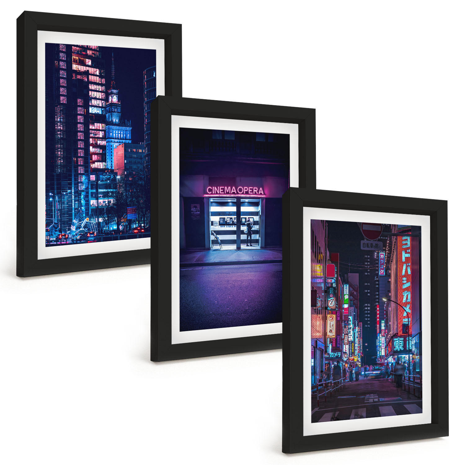 BILDER SET 3er Set - 20x30 cm Schwarzer Rahmen - Neon-Eingang zur nächtlichen Stadt - Schwarz, Kunststoff (20/30cm) - TULUP