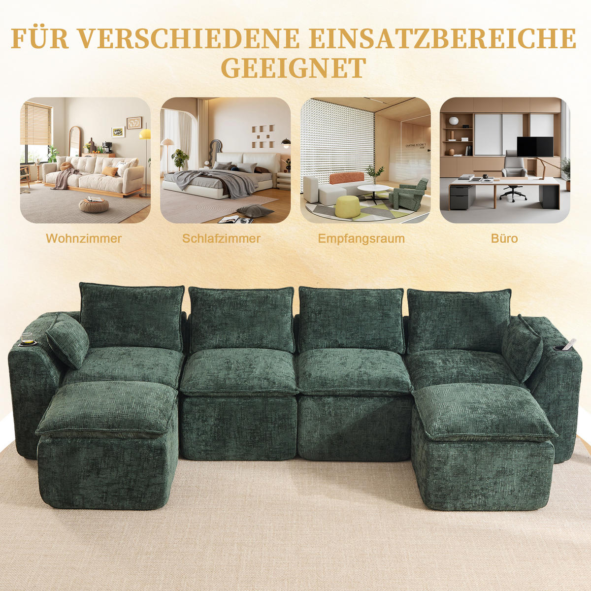 4-SITZER-SOFA aus Chenille, modular mit 2 Fußhockern und Getränkehaltern - Grün, Textil (322/75/161cm) - Urban Meuble