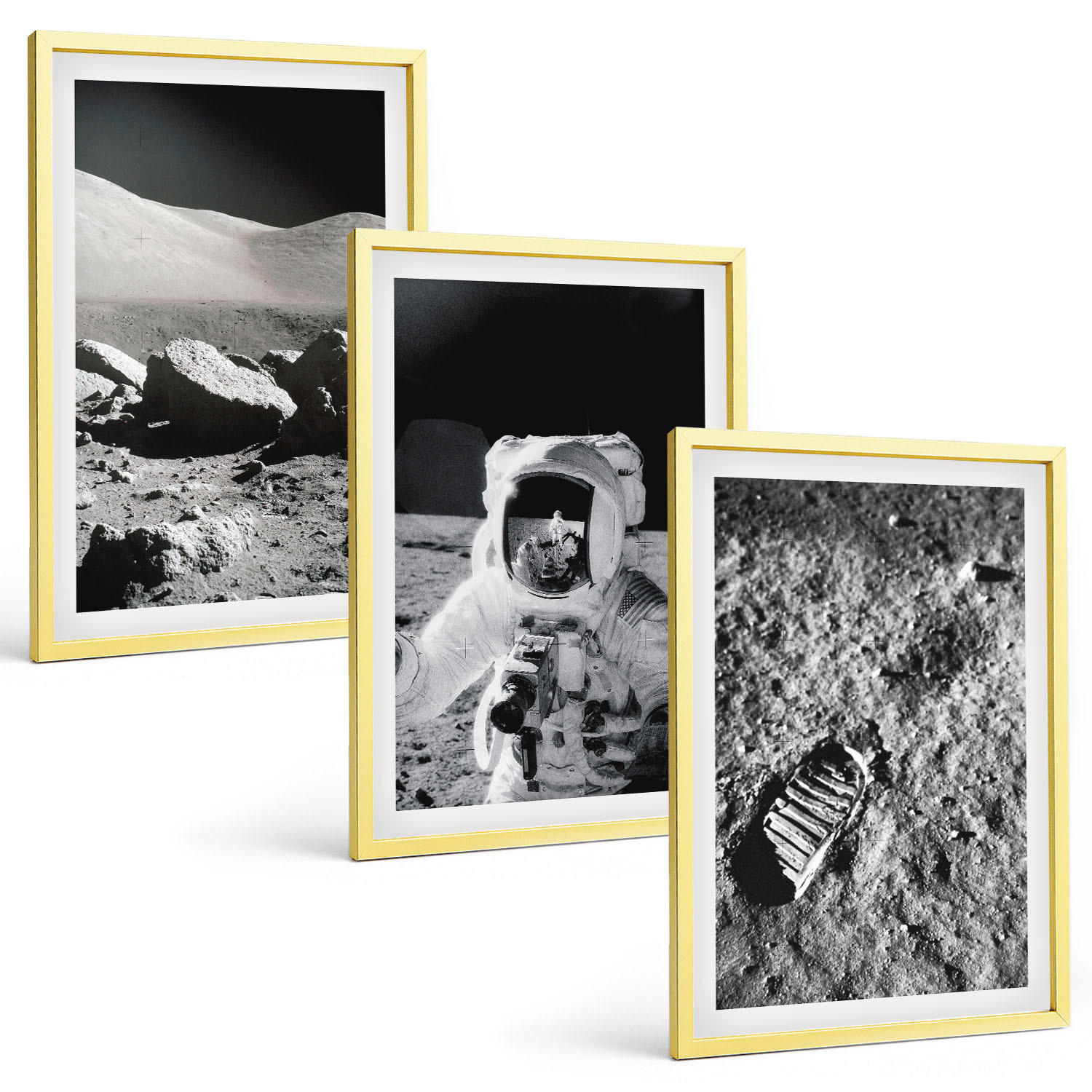 BILDER SET 3er Set - 40x60 cm Goldrahmen - NASA-Fotos vom Mond Astronaut - Goldfarben, Kunststoff (40/60cm) - TULUP