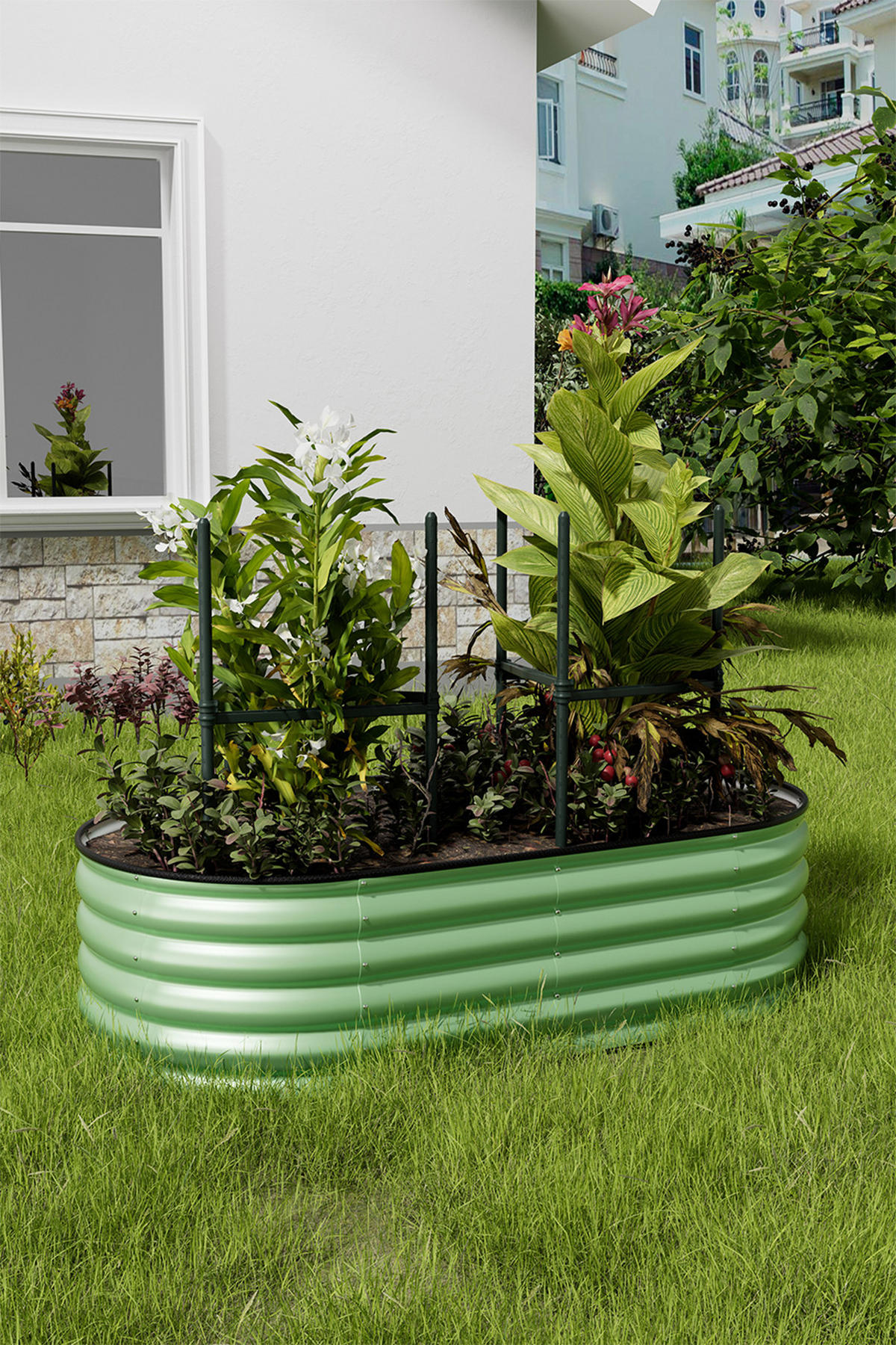 HOCHBEET Pflanzkasten mit Pflanzenstütze aus verzinktem Stahl in verzinkten Hellgrün Ovalen Blumenkasten für Garten Balkon 160 × 80 × 42 cm 8,3 kg - Grün, Metall (80/42/160cm) - Livingandhome