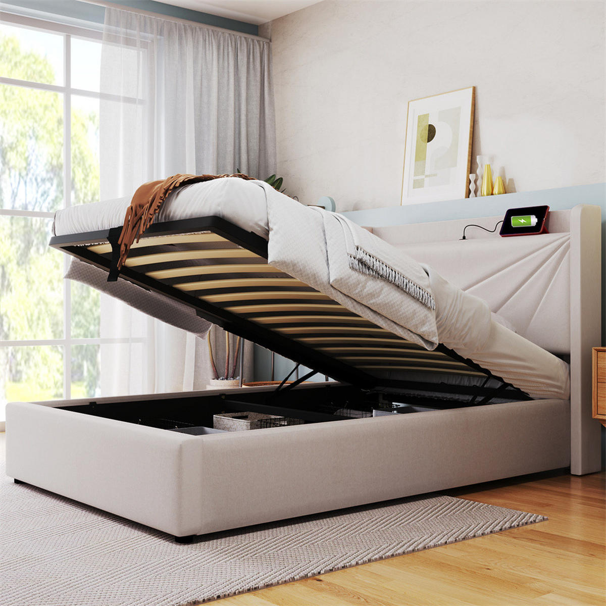 POLSTERBETT 90/200cm in Beige Leinen mit USB Typ C Ladefunktion Kopfteil - Beige, Holz/Textil (90/200cm) - KOMHTOM