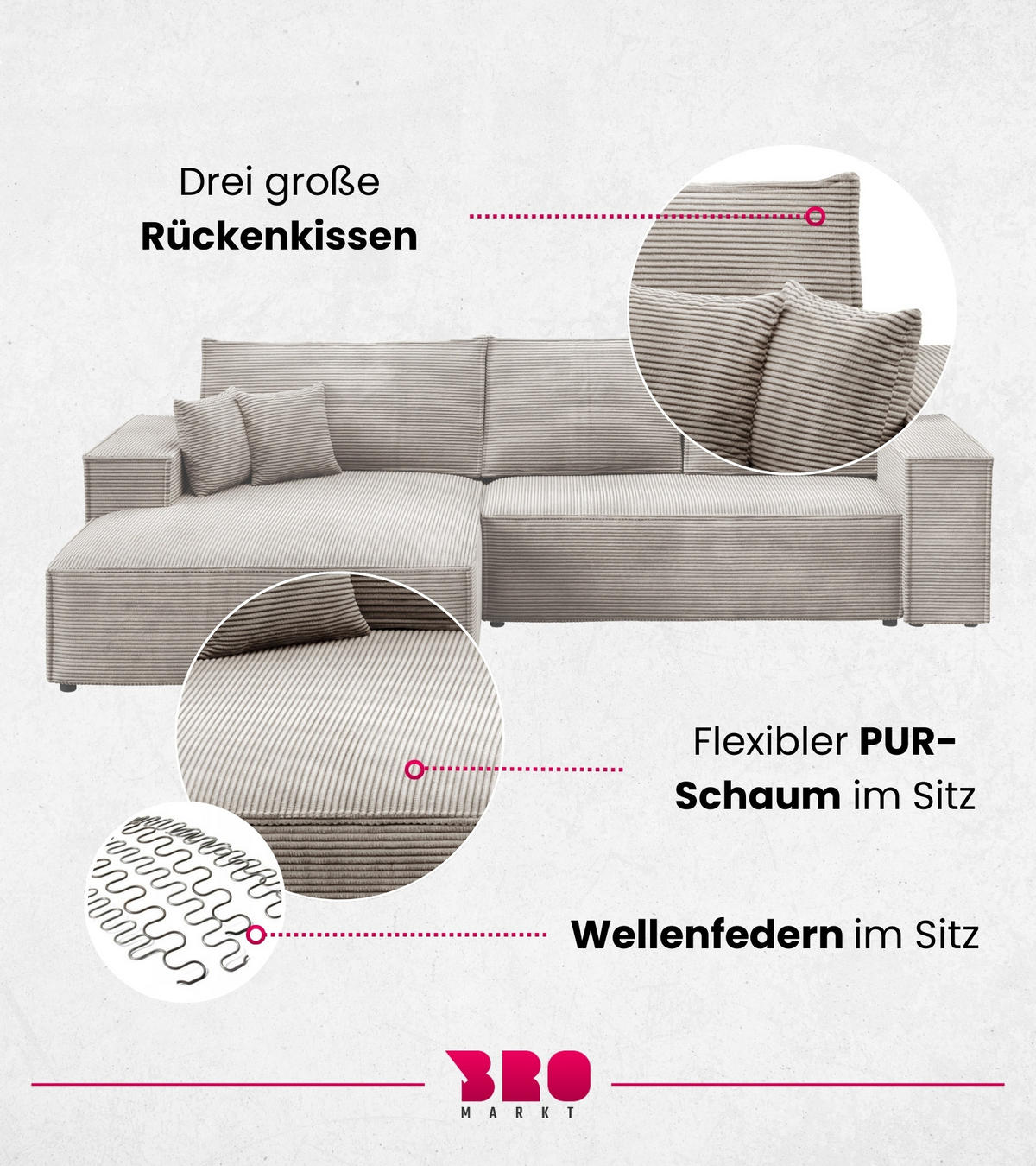 ECKSOFA Pablo mit Schlaffunktion Beige Cord - Beige, Textil (294/185cm) - Bromarkt