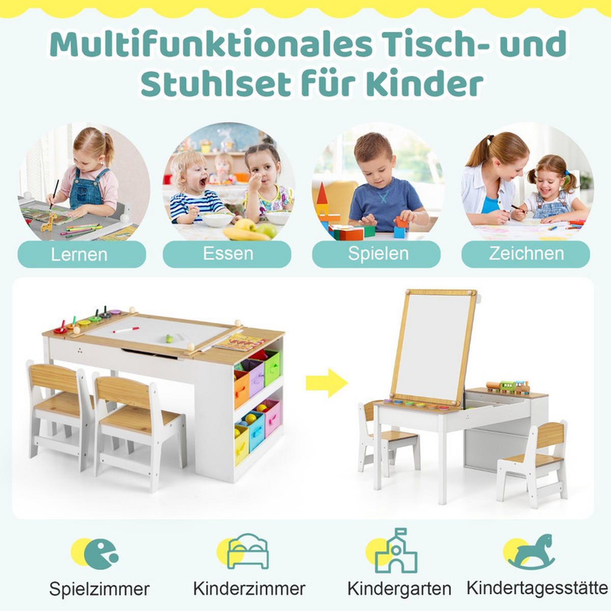 KINDERTISCH mit Stuhl natur(3-tlg) - Naturfarben, Holzwerkstoff (109/55/60cm) - COSTWAY