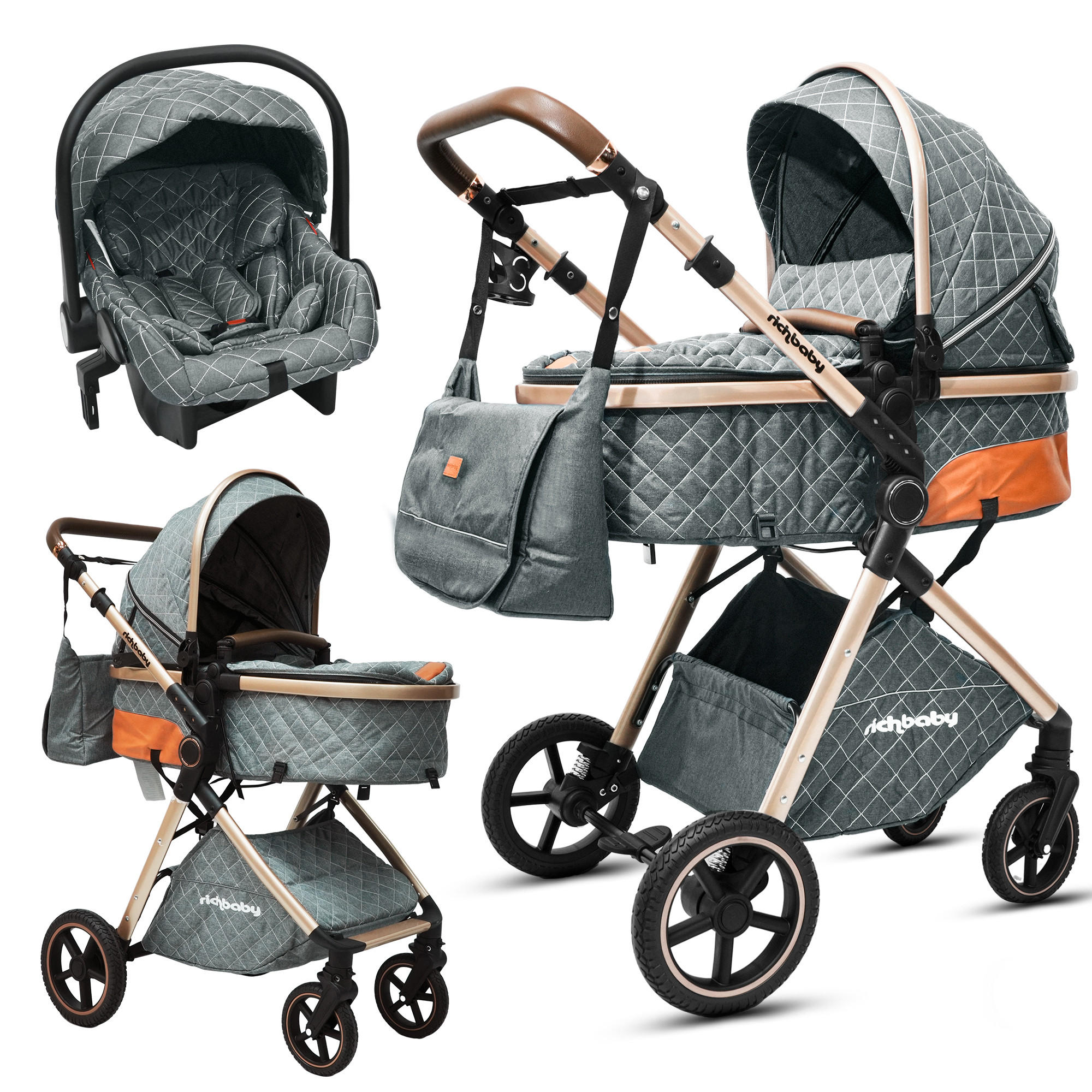 BUGGY Kombikinderwagen 2-in-1 klappbar mit wendbarem Sitz und All-Terrain Federung - Grau, Metall (80/62/106cm) - Raelunyi