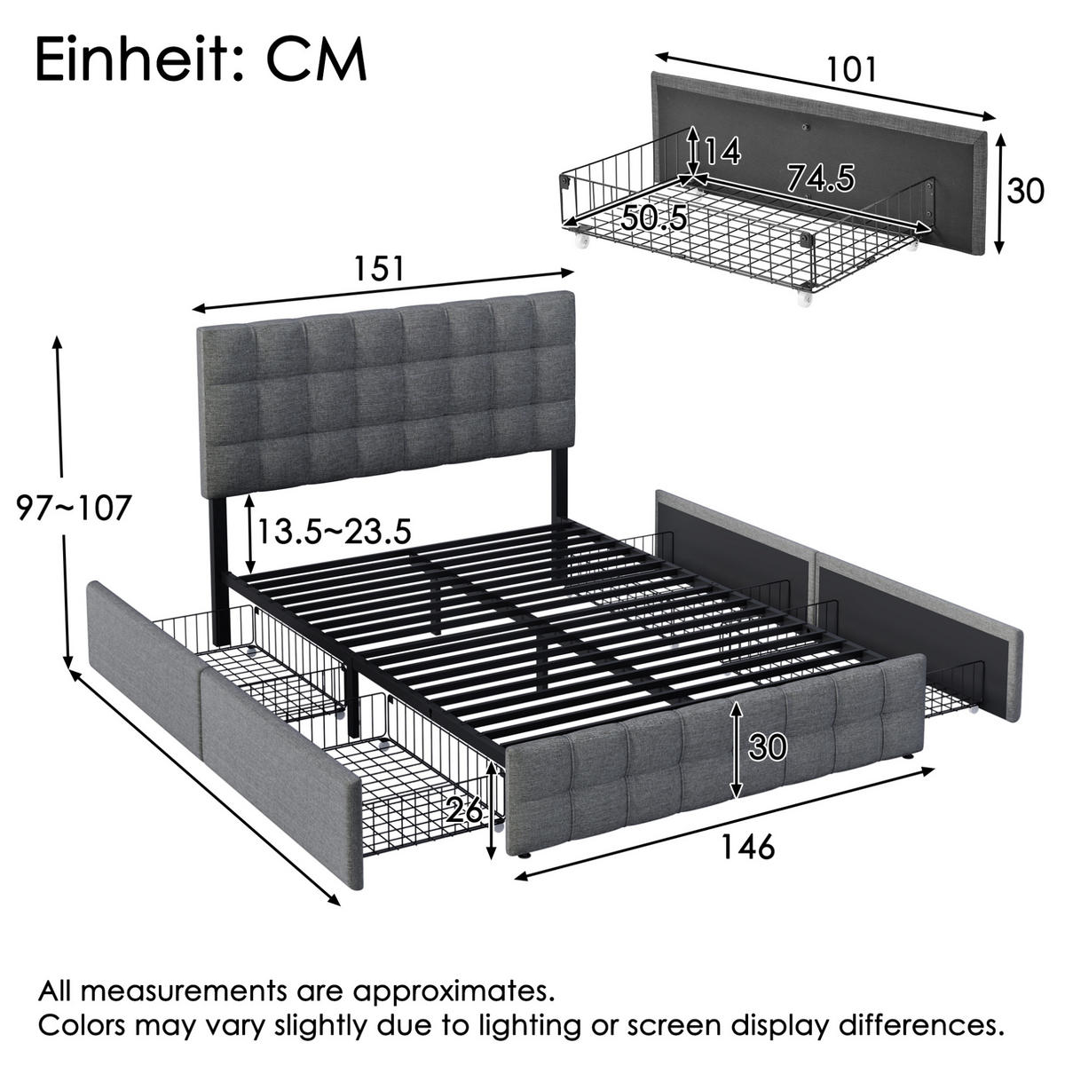 POLSTERBETT aus Leinen 140x200 cm Grau mit 4 Schubladen & verstellbarem Kopfteil - Grau, Textil (140/200cm) - Modfu