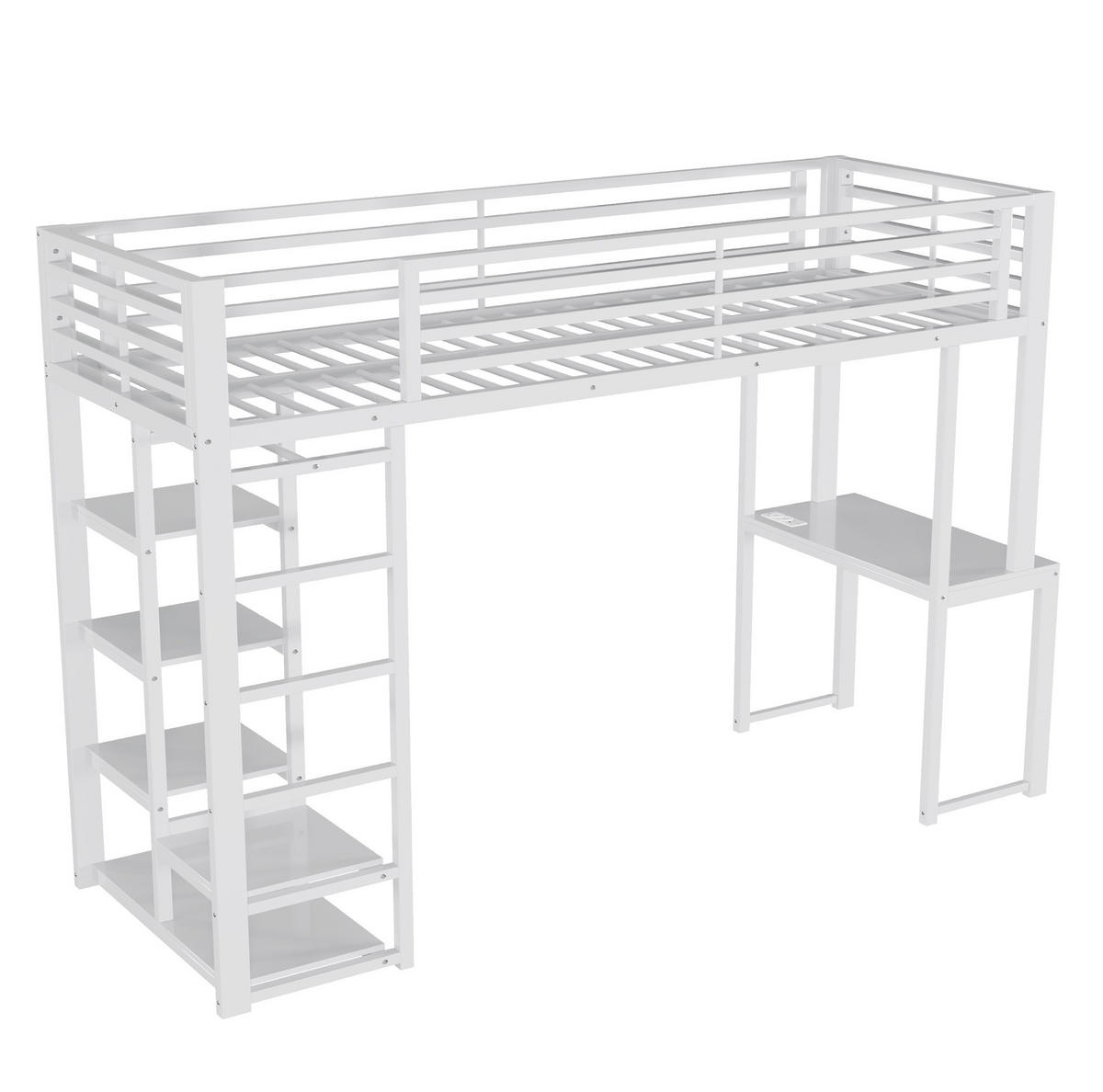 HOCHBETT 90x200 cm in Weiß mit Schreibtisch, Regalen und Kleideraufbewahrung - Weiß, Holzwerkstoff (90/200cm) - IVMEU