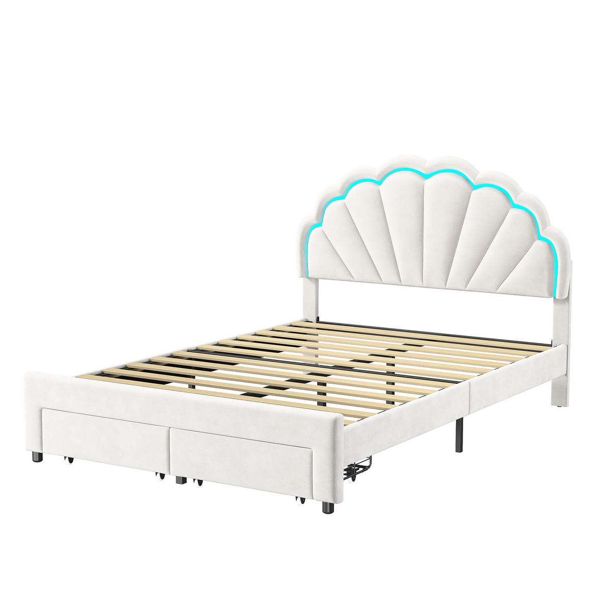 POLSTERBETT 140 × 200 mit Stauraumschubladen, Kinderbett mit LED-Leuchten, Holzlatten und Blütenkopf, Weiß - Weiß, Holz/Holzwerkstoff (140/200cm) - BursDany
